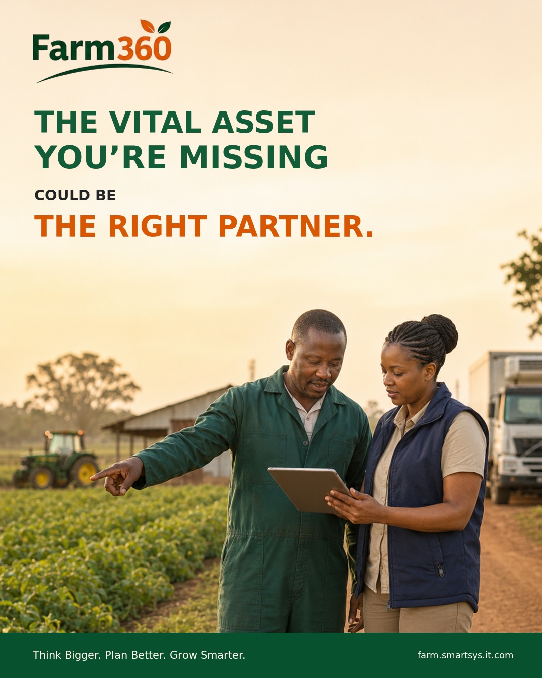 A farmer and strategic partner review farm plans while workers load harvested tomatoes into a refrigerated logistics truck